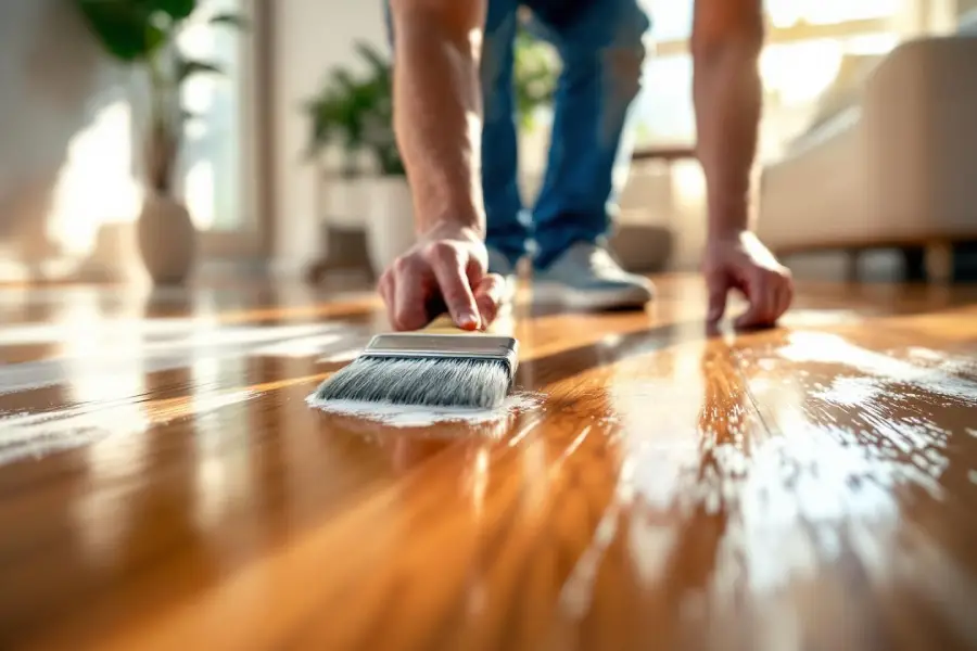 Artisan appliquant une couche de vernis au pinceau pour la revitrification d'un parquet vitrifié