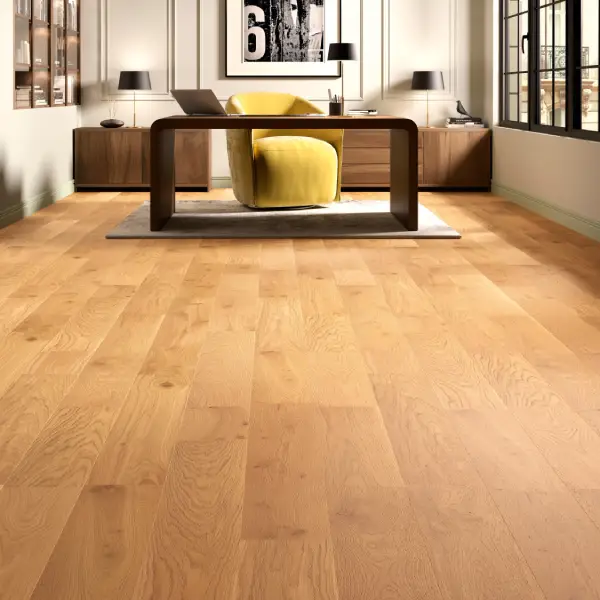 parquet chêne en finition satinée, reflet doux dans un bureau parisien - 2M Parquet Net