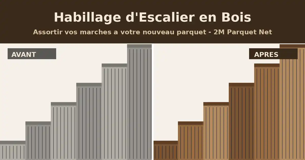 Escalier avant/apres habillage en bois assorti a un parquet, illustration comparative