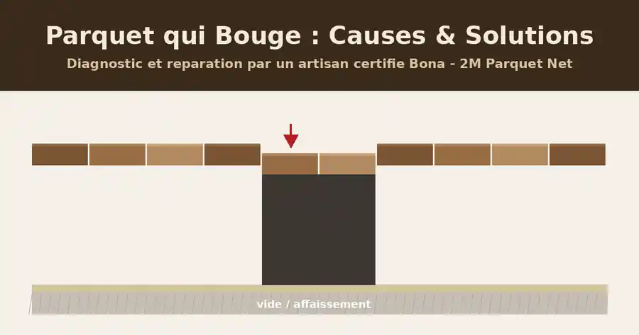 Coupe schematique d'un parquet qui s'affaisse et bouge sous le pas, avec vide sous les lames